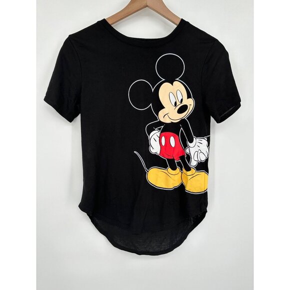 Disney Short Sleeve Shirt Juniors Medium Black Mickey Minnie Holding Hands Graph - Picture 1 of 5
